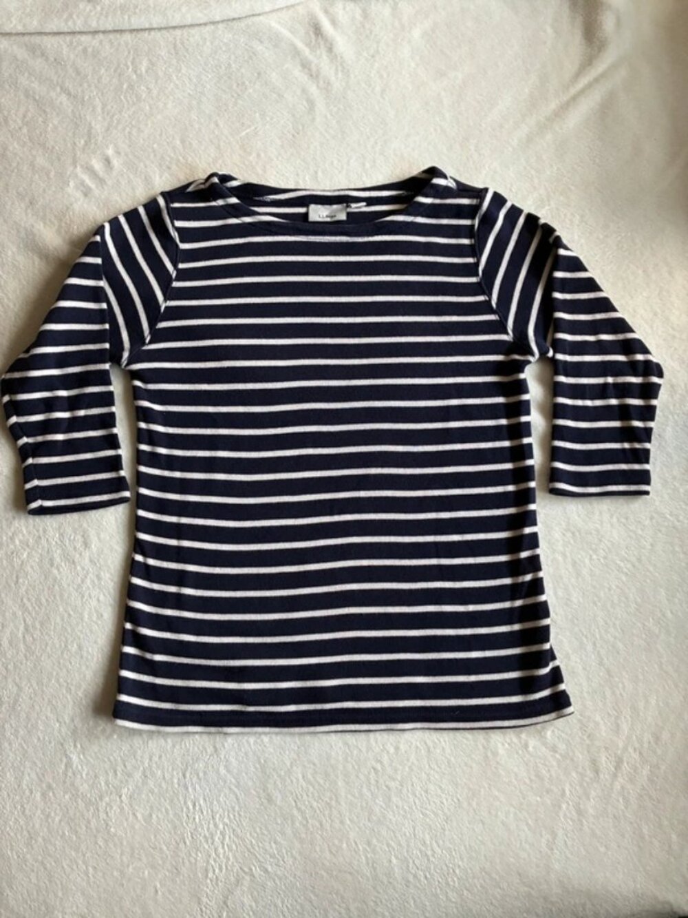 LL Bean Navy White Knit Striped Boat Neck Sweater Nautical Coastal USM